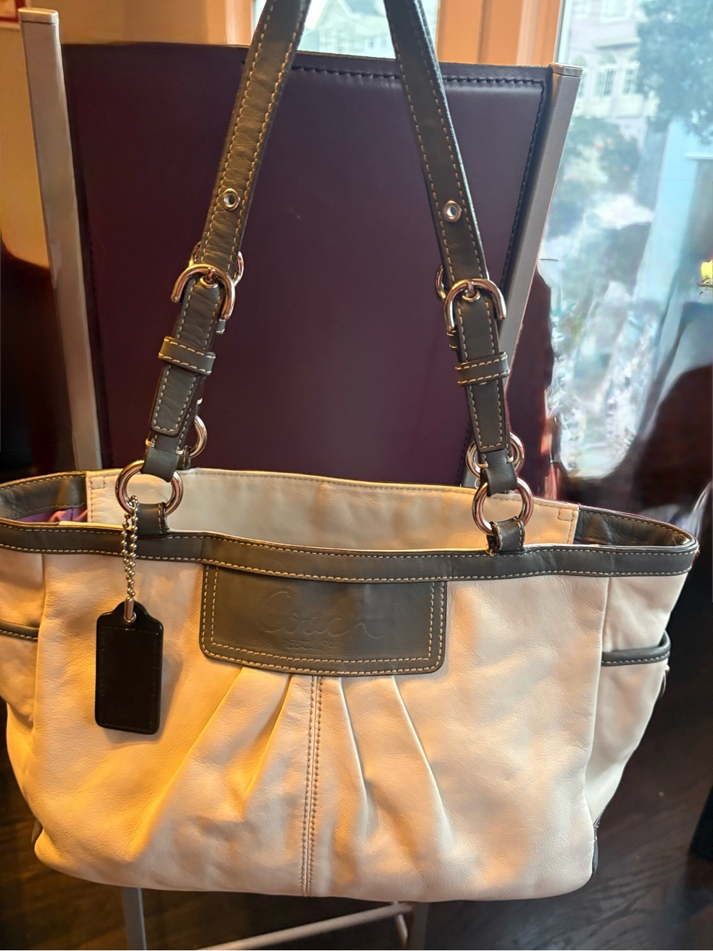 Coach Pleated East/West Gallery Cream and Dark Gray Tote